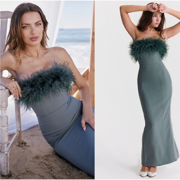 House of CB - Juliene - strapless feather bodice crepe cocktail dress - Picture 2 of 8